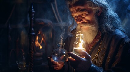 An elderly man holding a light bulb in his hand, symbolizing ideas and innovation