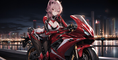 a girl  riding a motorcycle with pink hair in night city  standing. Generative Ai content