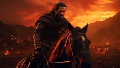 Fototapeta premium A man riding a brown horse