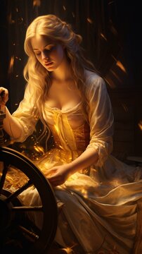 A woman spinning a spinning wheel in a beautiful painting