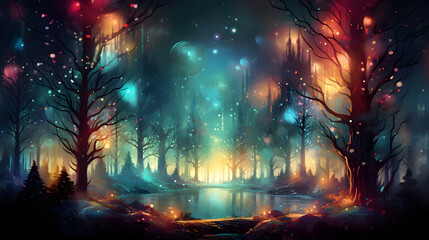 Fantasy dark shiny forest with fog, trees and lights. Christmas background