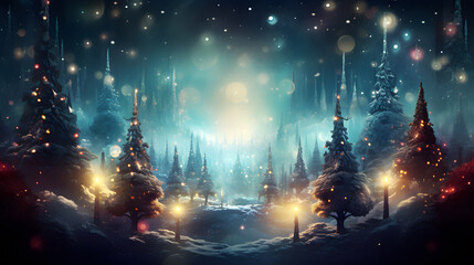 Fototapeta premium Fantasy dark shiny forest with fog, trees and lights. Christmas background