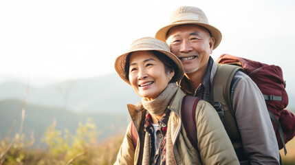 Asian senior couple smiling happy and travel together