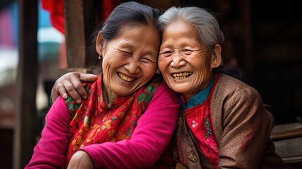 Asian mature two women hugging smiley