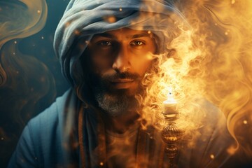 Fototapeta na wymiar A man holding a candle wearing a turban