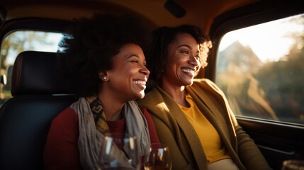 Mature black two women smile on the taxi car
