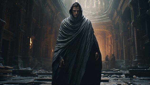 A mysterious figure in a dimly lit alley