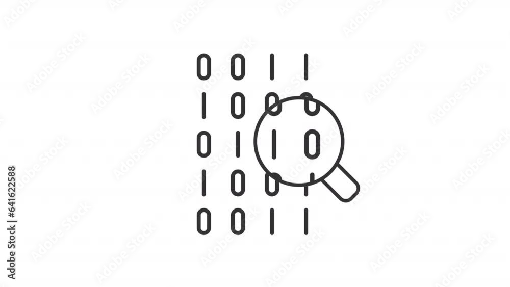 Poster binary code search line animation. magnifying glass exploring ones and zeros animated icon. computer
