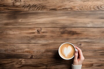Female hands holding cup of hot latte art coffee on wooden background