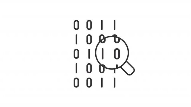 Binary code search line animation. Magnifying glass exploring ones and zeros animated icon. Computer programming. Black illustration on white background. HD video with alpha channel. Motion graphic