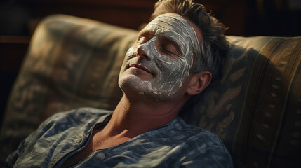 Middle-aged man with a blue clay mask on his face relaxing in the spa