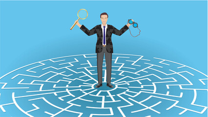 Man with magnifying glass and binoculars, standing on labyrinth, maze game. Dimension 16:9. Vector illustration.