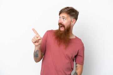 Redhead man with long beard isolated on white background intending to realizes the solution while lifting a finger up
