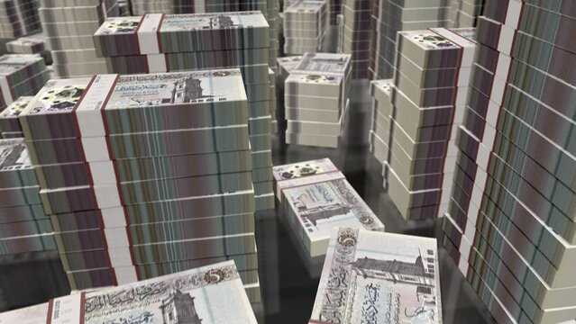 Libya money Libyan Dinar money notes packs loop. 3D flight over 5 LYD banknotes stacks towers. Loopable seamless abstract background concept of business, economy crisis and finance.