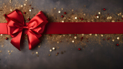 Christmas background with gift set and decoration, red and gold tone on wooden table, copy space for mock up