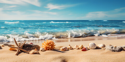 Fototapeta na wymiar Art summer holiday on tropical sea sandy beach; banner design with copy space