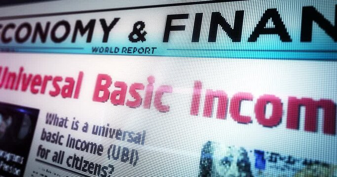 Universal basic income citizens salary payment and social redistribution daily newspaper reading on mobile tablet computer screen. Man touch screen with headlines news abstract concept 3d.