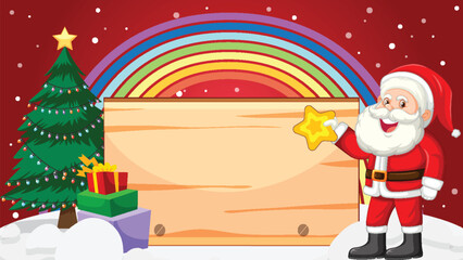 Cheerful Santa Claus with Rainbow and Christmas Tree