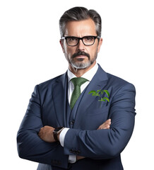 Businessman in blue suit, green tie and green leaves in pocket isolated on white background, CSR, Corporate social responsibility concept