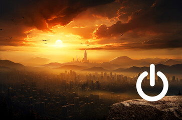 Power button icon on rock mountain over aerial panoramic view of modern city tower at golden hour, Start up business concept
