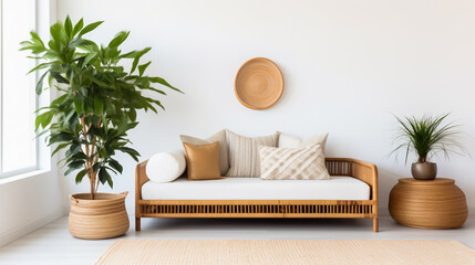 Fototapeta na wymiar A minimalist living room with a rattan daybed and a few plants. Interior design using rattan furniture and neutral color concept