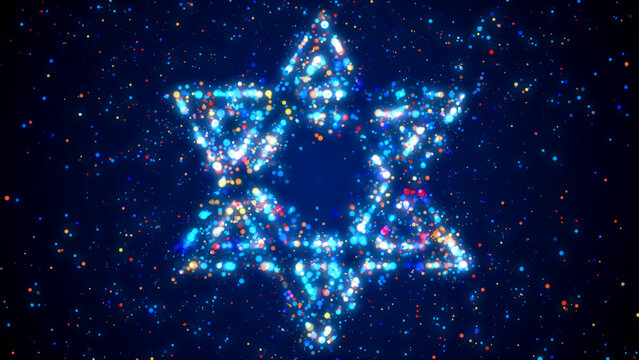 Abstract Religion Blue Colorful Shiny Star Of David Judaism Symbol Dotted Lines Silhouette With Glitter Sparkle Particles