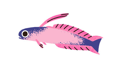 Cute exotic fish. Little small aquarium water animal swimming. Fictional species with fins. Ornamental fancy fauna. Flat graphic vector illustration isolated on white background