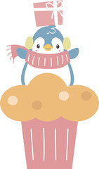 happy valentine's day with penguin and gift on cupcake, love concept, flat png transparent element character design