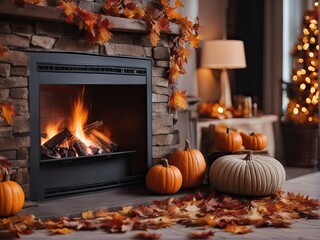 Autumn fireplace and pumpkin, cozy living room backdrop