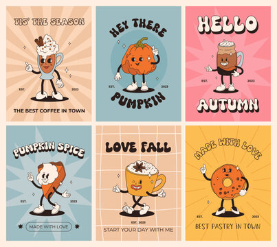 Funny Retro cartoon Pumpkin Character in groovy 50s, 60s, 70s Vintage Style. Happy Autumn mascot with pumpkin spice latte, pumpkin pie, pudding, cake, cupcake, waffles, donut and coffee.