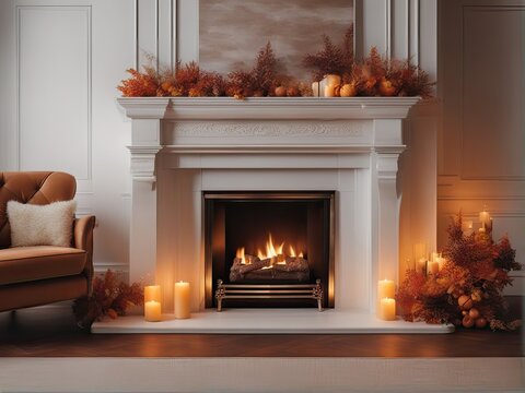 Autumn fireplace and pumpkin, cozy living room backdrop