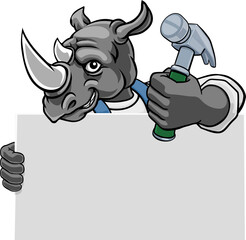 A rhino handyman or carpenter cartoon construction man mascot character holding a hammer tool