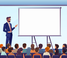 A business man speaker presenting or teaching in front of a projector screen at a presentation, seminar lecture or training conference talk in front of an audience or team.