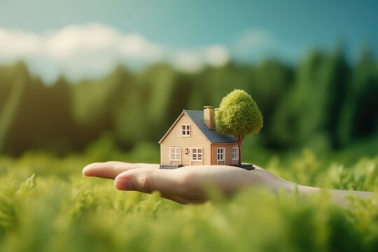 This image depicts a hand holding a house against the backdrop of a summer landscape. It's ideal for advertising private homes and provides ample copy space.

 Generative AI