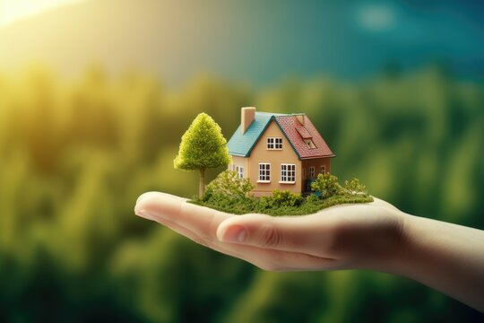 This image depicts a hand holding a house against the backdrop of a summer landscape. It's ideal for advertising private homes and provides ample copy space.

 Generative AI