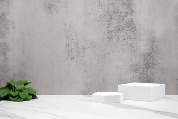 Product background with geometric shapes, gray textured stone wall, white marble table. Minimalist...