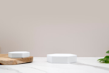 Product background with podium. Photo studio, beige backdrop, white marble table and natural wood...