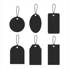 Blank black paper price tags or gift tags of various shapes. Discount tags icon shapes of various shapes with rope for store