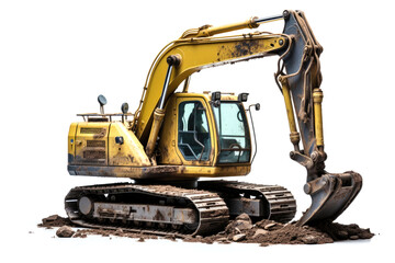 Heavy excavator excavating, isolated on white background