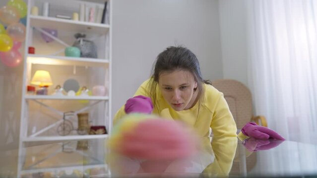 Concentrated young woman cleaning dust from glass table with colorful brush smiling. Portrait of satisfied Caucasian charming housewife doing housekeeping in living room at home