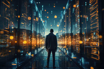 Obraz premium man in a glowing digital corridor, the concept of virtual reality, cyberspace