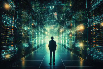 man in a glowing digital corridor, the concept of virtual reality, cyberspace