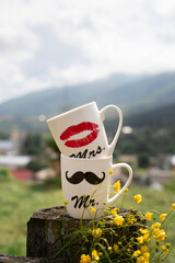 Obraz premium Two Mr. and Mrs. cups on the background of a magical mountain landscape and flowers nearby