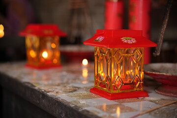 Lanterns on the temple altar for Moon Goddess Worship during the Mid-Autumn festival and Qixi festival.  Chinese sacrificial ceremonies for traditional festivals and holy days.