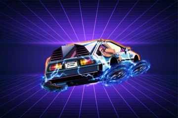Fototapete Violett Retro 80s, futuristic delorean car, in the space-time continuum. 1980s style. Vintage poster