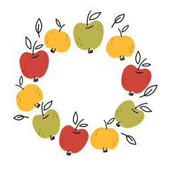 Hand draw apple wreath.Frame with apples and leaves.Seasonal autumn illustration for the design for poster, cards.