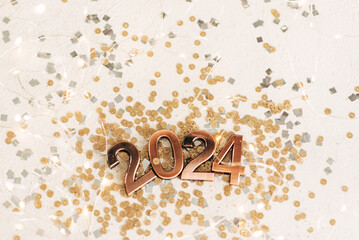 happy new year 2024 background new year holidays card with bright lights,gifts and bottle of...