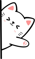 White cat sneak behind wall waving hand flat cartoon doodle element