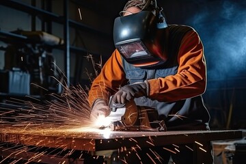Industrial worker wearing protective clothing and mask welding metal in factory