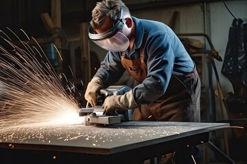 Industrial worker wearing protective clothing and mask welding metal in factory